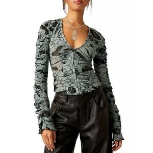 Free People Sage Green and Black Floral Ruched Long Sleeve Top
